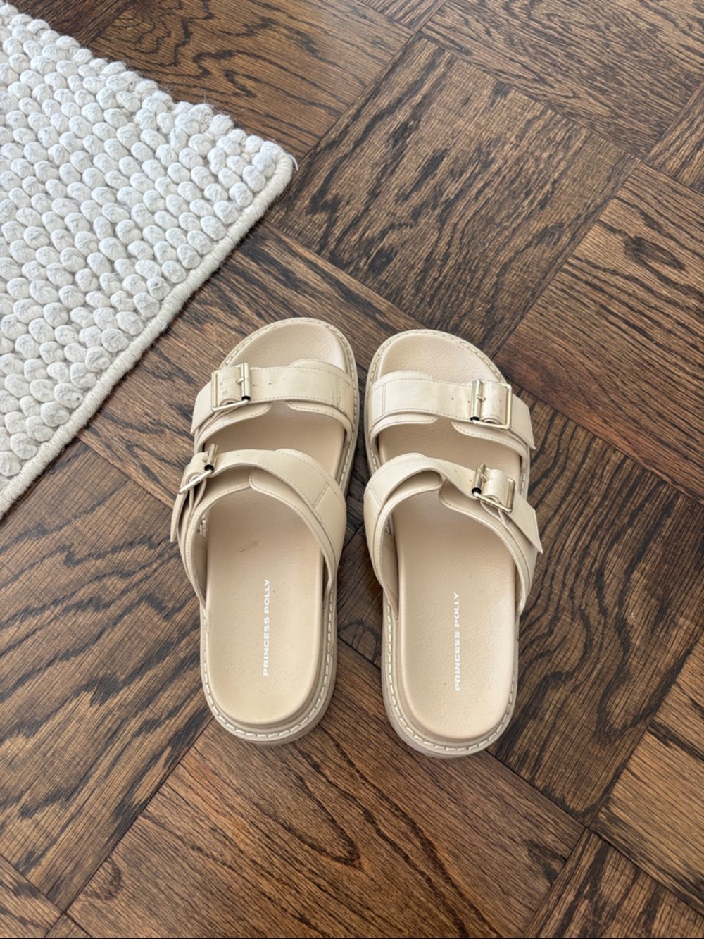 Princess Polly Cream Double-Buckle Slide Sandals - Women